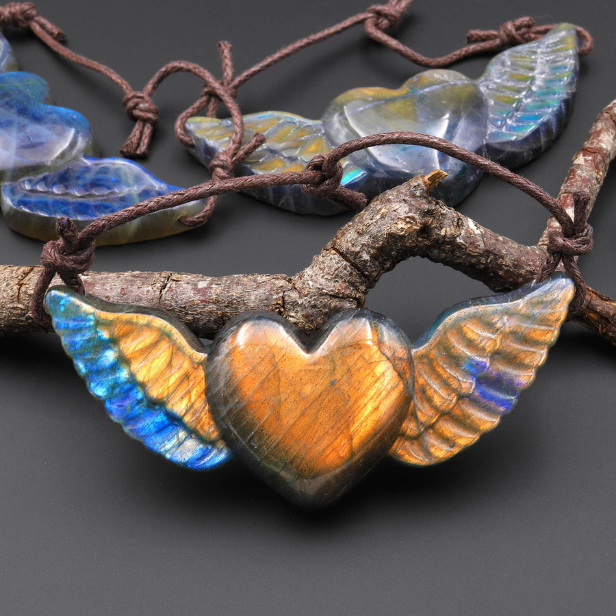 AAA 2 Two Hole Side Drilled Pendant Hand Carved Natural Labradorite Angel Wing Heart Drilled Gemstone Focal Bead