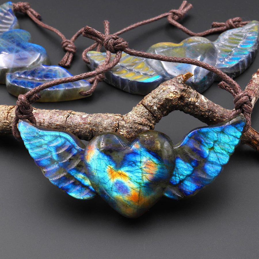 AAA 2 Two Hole Side Drilled Pendant Hand Carved Natural Labradorite Angel Wing Heart Drilled Gemstone Focal Bead