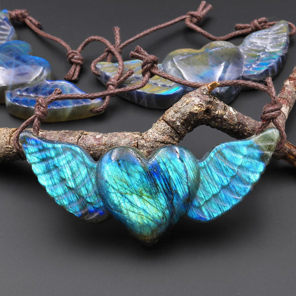 AAA 2 Two Hole Side Drilled Pendant Hand Carved Natural Labradorite Angel Wing Heart Drilled Gemstone Focal Bead A3