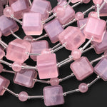 AAA Natural Madagascar Mauve Pink Rose Quartz Faceted Cube 14mm Beads Gemstone 8" Strand