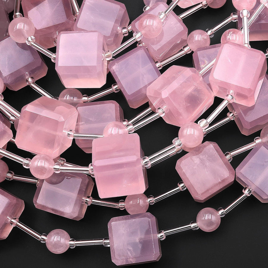 AAA Natural Madagascar Mauve Pink Rose Quartz Faceted Cube 14mm Beads Gemstone 8" Strand