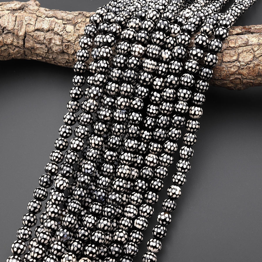 Tibetan Snake Skin Agate 8mm 10mm Black White Round Beads 15.5" Strand