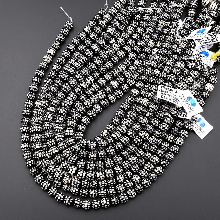 Tibetan Snake Skin Agate 8mm 10mm Black White Round Beads 15.5" Strand