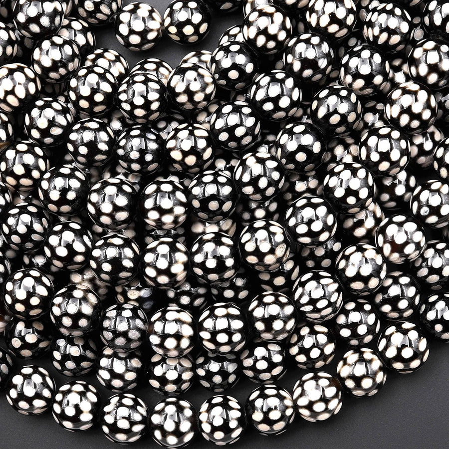 Tibetan Snake Skin Agate 8mm 10mm Black White Round Beads 15.5" Strand