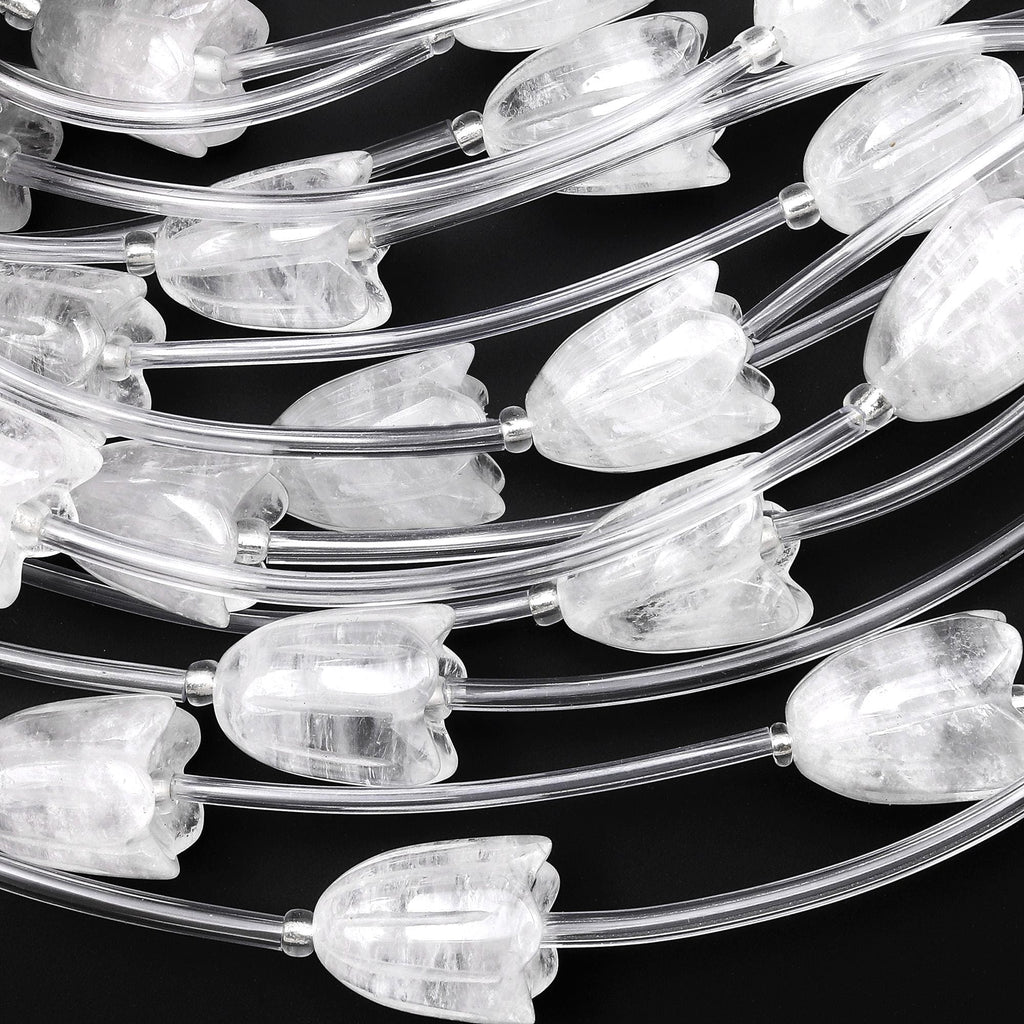 AAA Natural Rock Quartz Hand Carved Tulip Lily Flower Vertically Drilled Gemstone 15mm Beads Strand