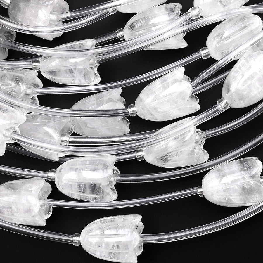 AAA Natural Rock Quartz Hand Carved Tulip Lily Flower Vertically Drilled Gemstone 15mm Beads Strand