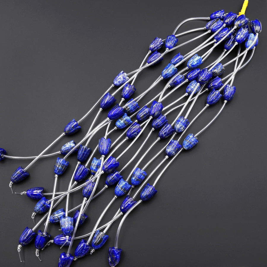AAA Natural Blue Lapis Hand Carved Tulip Lily Flower Vertically Drilled Gemstone 15mm Beads Strand