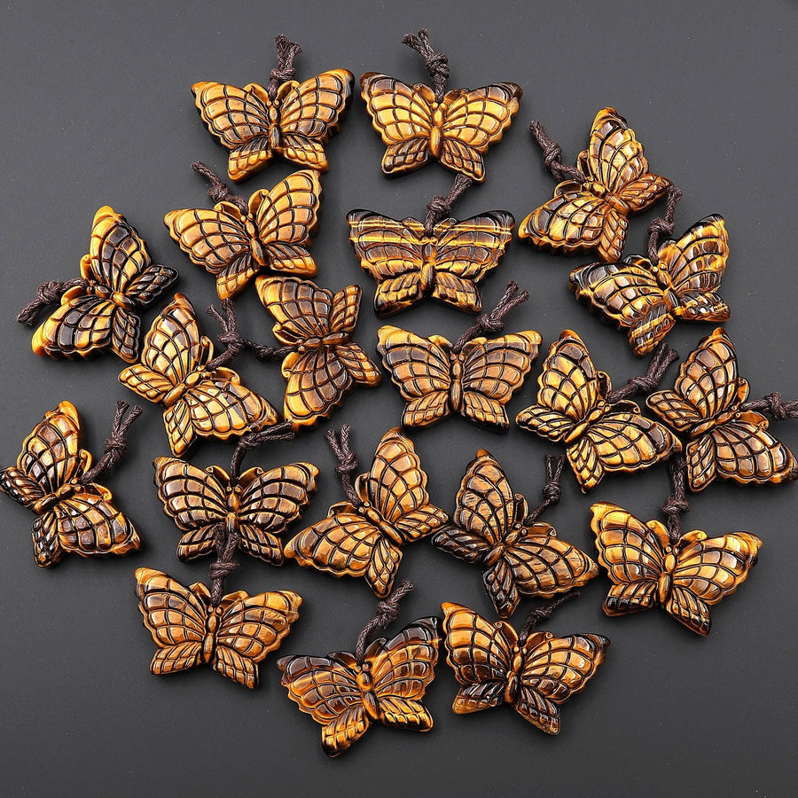 AAA Hand Carved Natural Golden Tiger's Eye Butterfly Pendant Gemstone Focal Bead