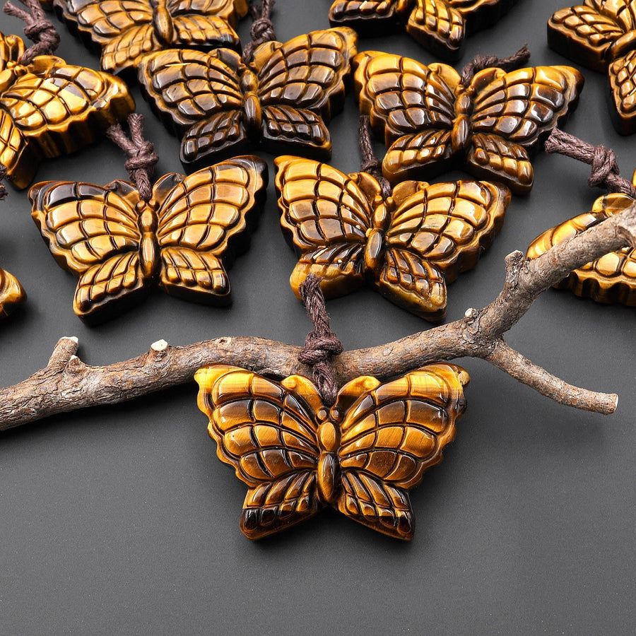 AAA Hand Carved Natural Golden Tiger's Eye Butterfly Pendant Gemstone Focal Bead