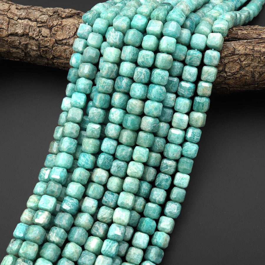 Natural Seafoam Green Blue Peruvian Amazonite Faceted 8mm Cube Beads 15.5" Strand