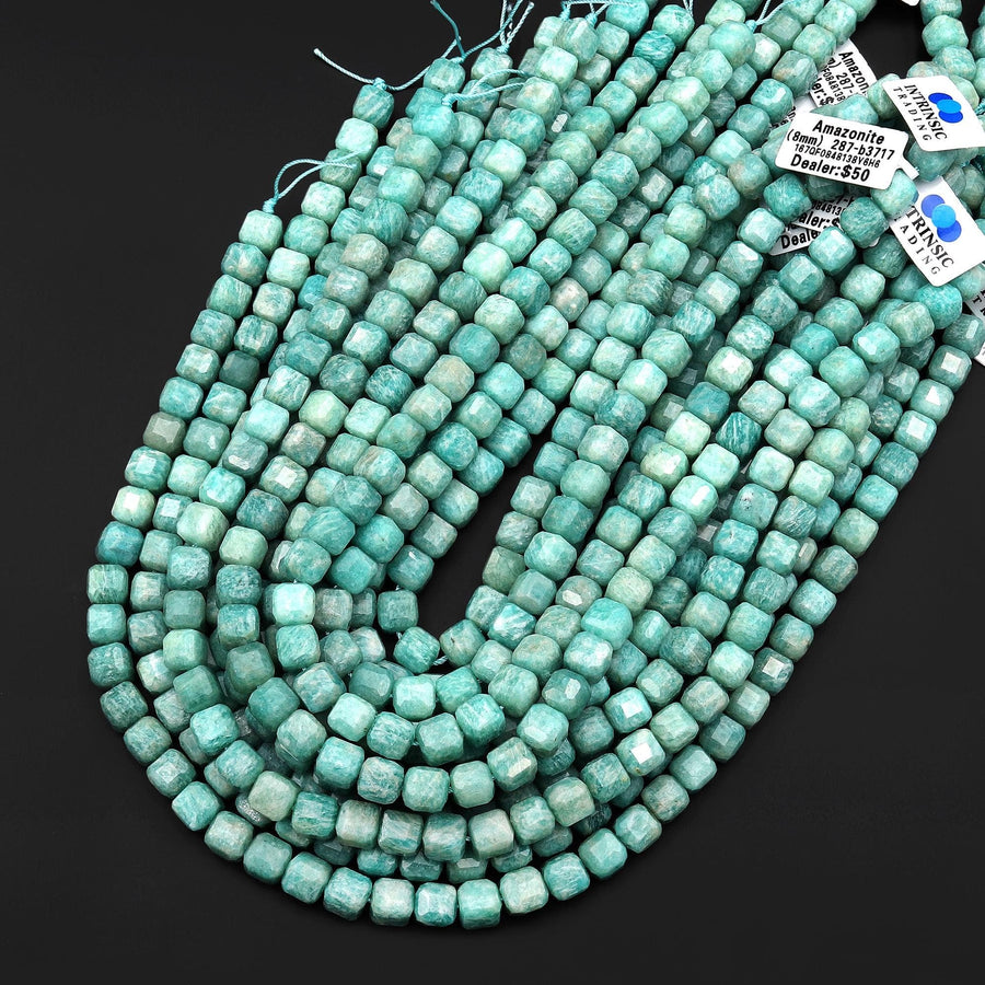 Natural Seafoam Green Blue Peruvian Amazonite Faceted 8mm Cube Beads 15.5" Strand