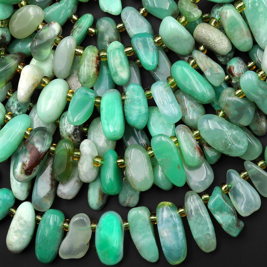 Natural Australian Green Chrysoprase Beads Freeform Oval Top Side Drilled Nugget Beads 15.5" Strand