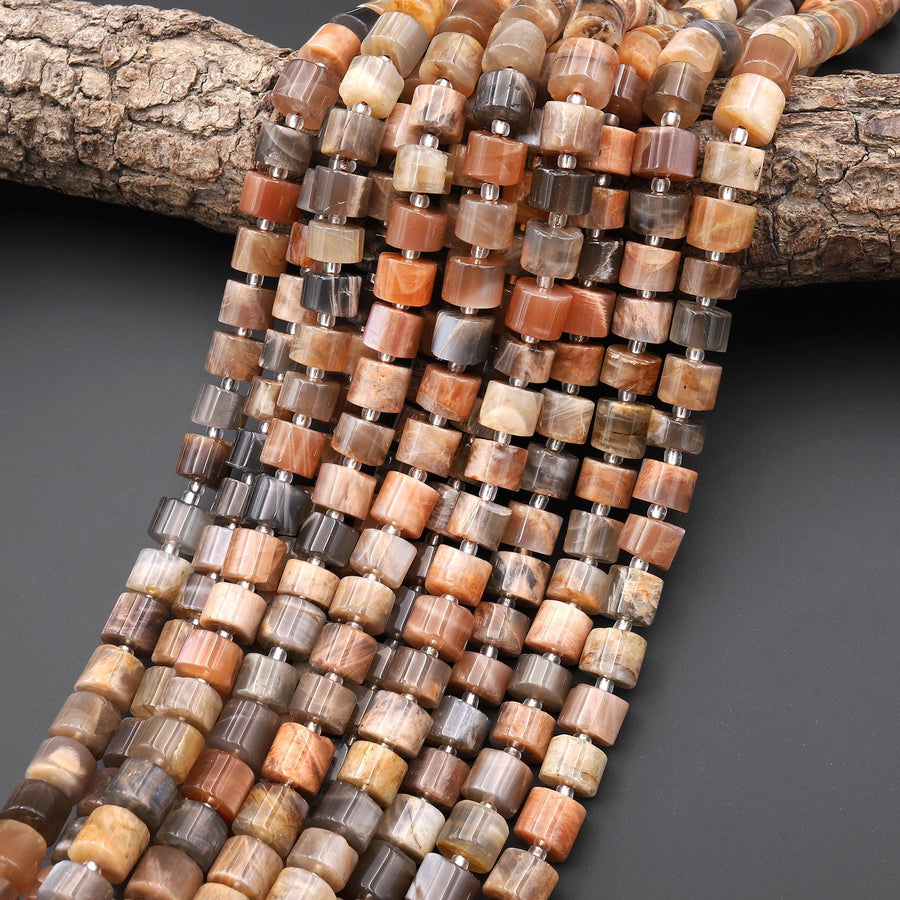Natural Orange Peach Gray Moonstone Smooth Wheel Rondelle 9mm 10mm Beads 15.5" Strand