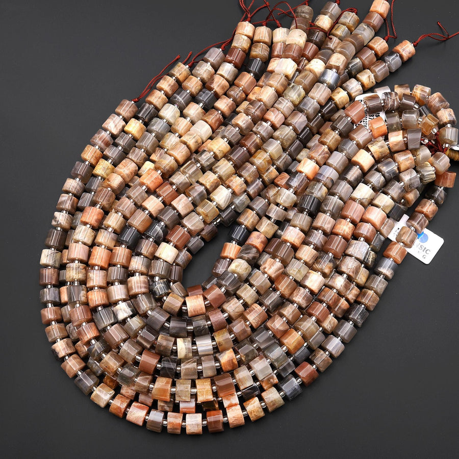 Natural Orange Peach Gray Moonstone Smooth Wheel Rondelle 9mm 10mm Beads 15.5" Strand