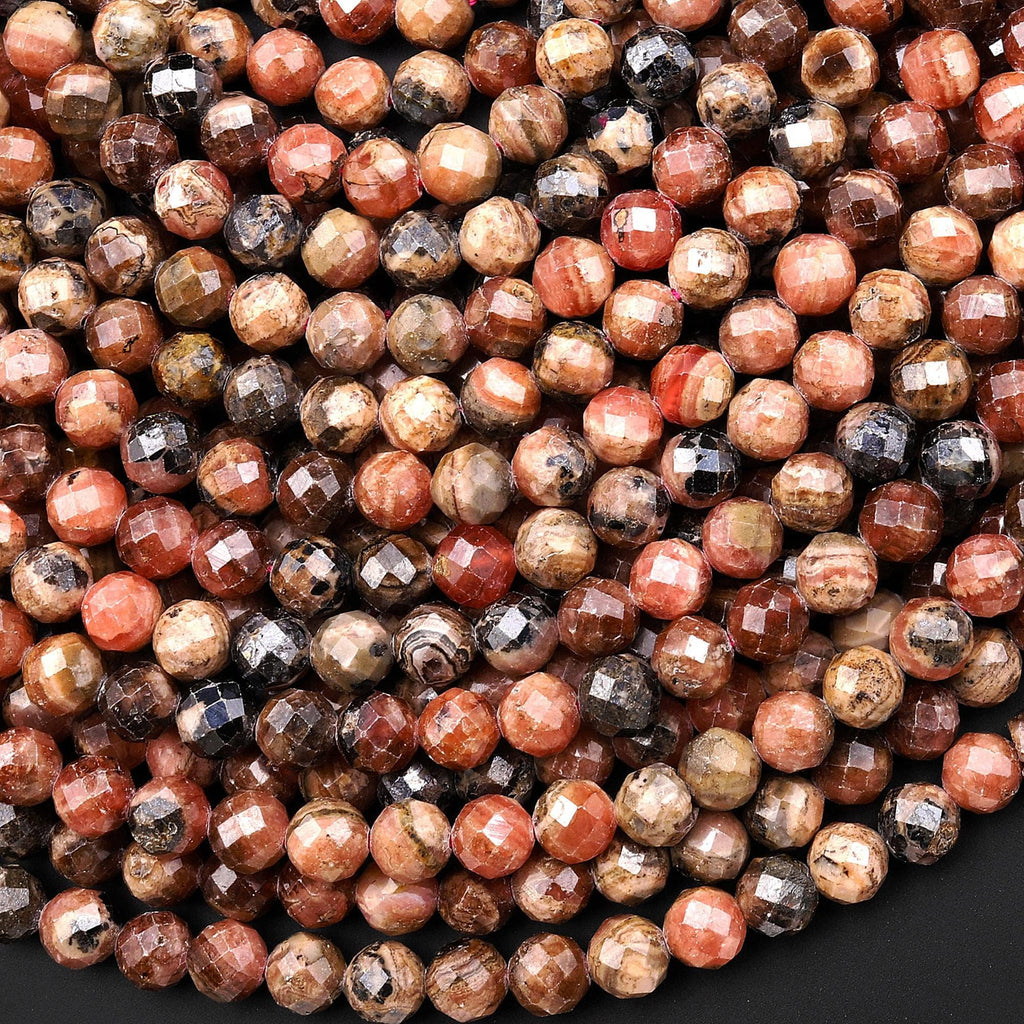 Natural Orange Pink Rhodochrosite 6mm Faceted Round Beads Micro Laser Diamond Cut Gemstone 15.5" Strand