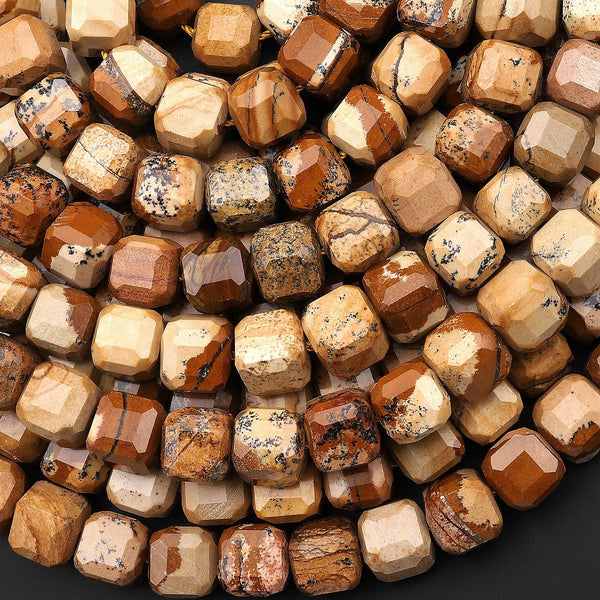 Faceted Natural Picture Jasper 8mm Cube Beads Aka Desert Jasper 15.5" Strand
