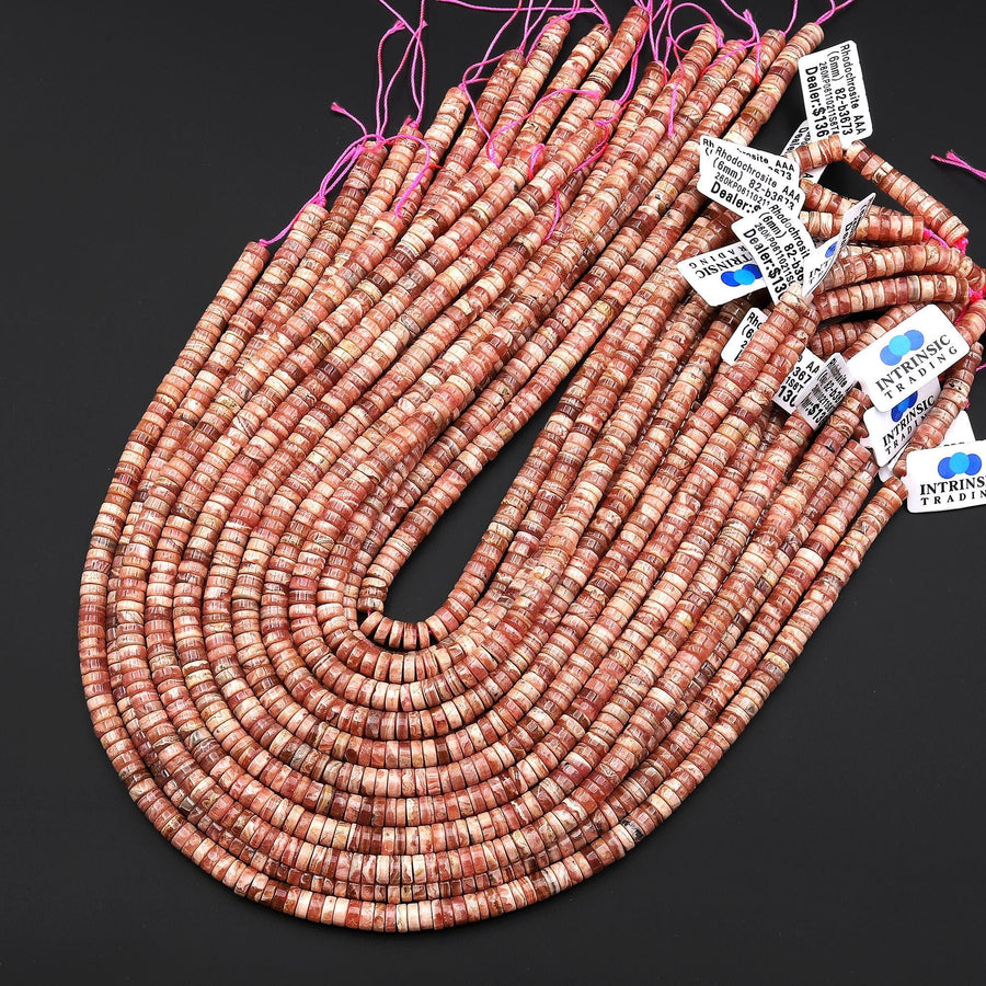 AAA Natural Pink Rhodochrosite Smooth Heishi 4mm 5mm 6mm 7mm 8mm Beads Gemstone 15.5" Strand