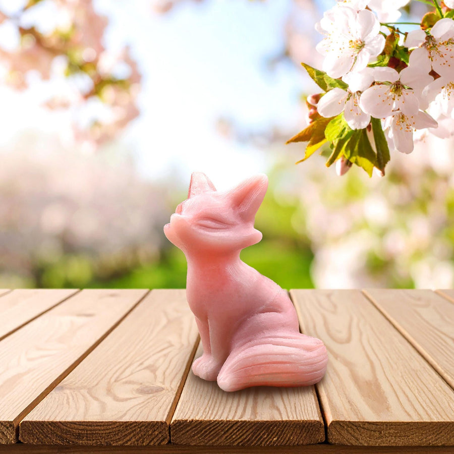 Hand-Carved Natural Pink Opal Fox Figurine Crystal Miniature