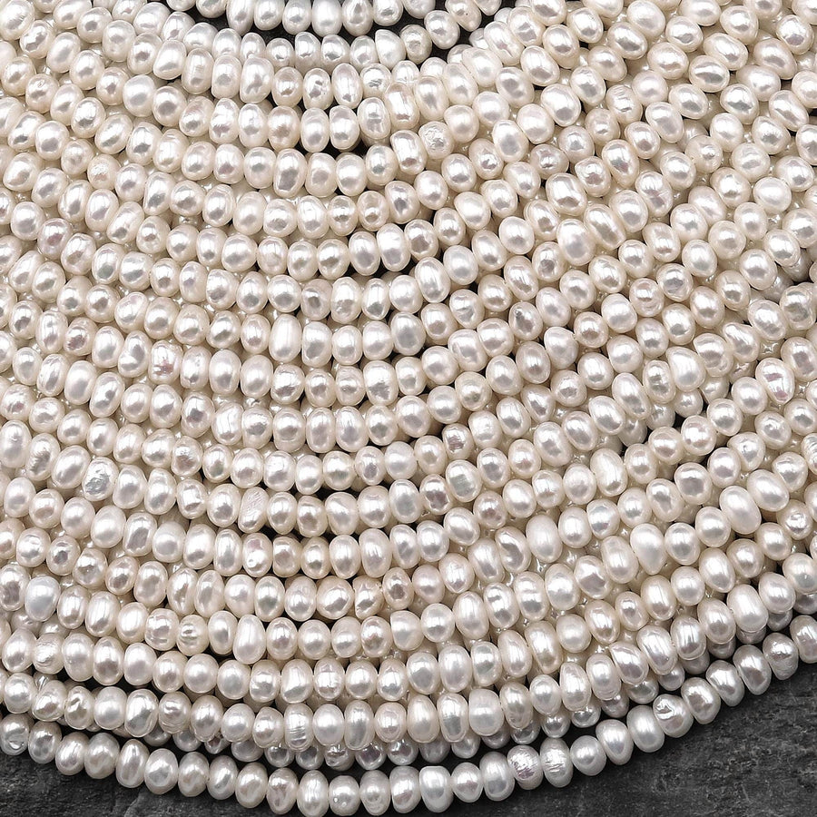 Genuine White Freshwater Pearl 4mm Potato Rondelle Beads Shimmery Iridescent Classic Pearl 14" Strand