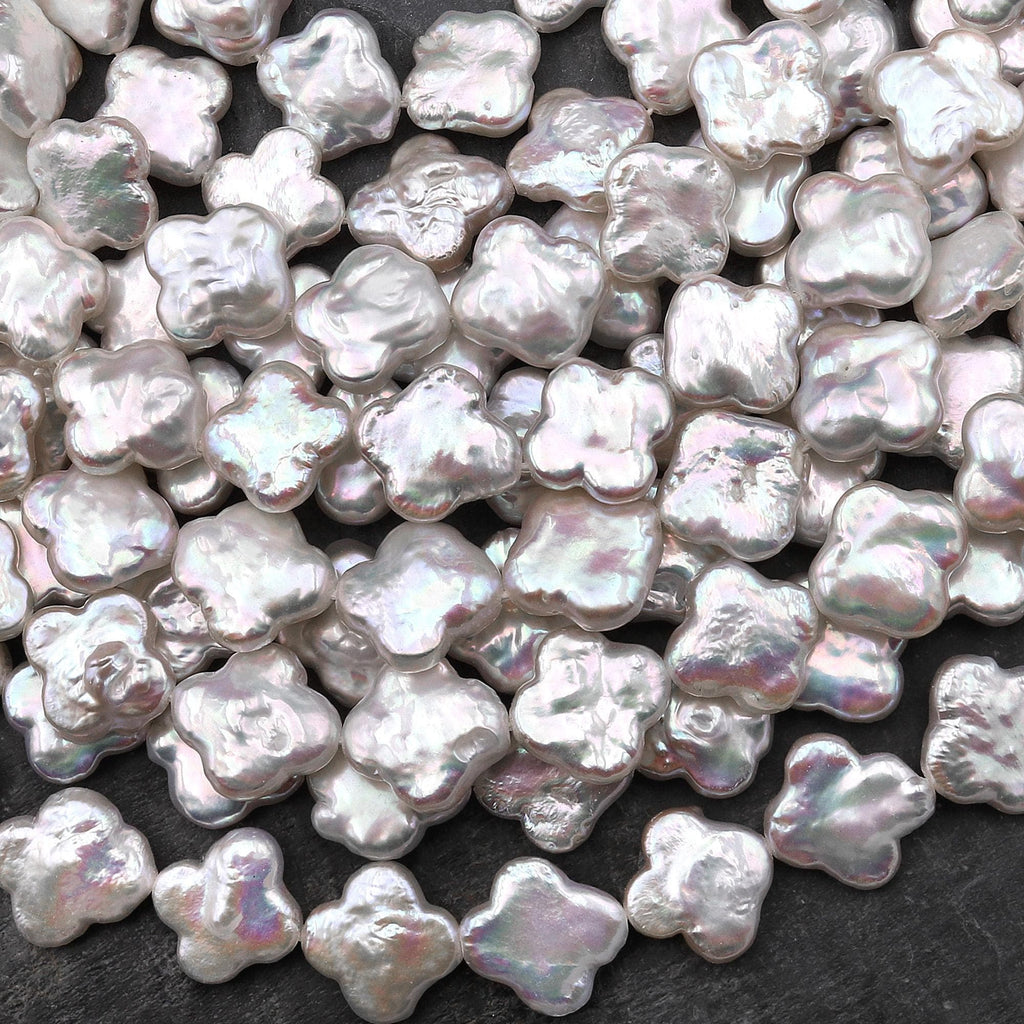 Real Genuine Natural White Freshwater Pearl Lucky 4 Four Leaf Clover 12mm Beads Strand