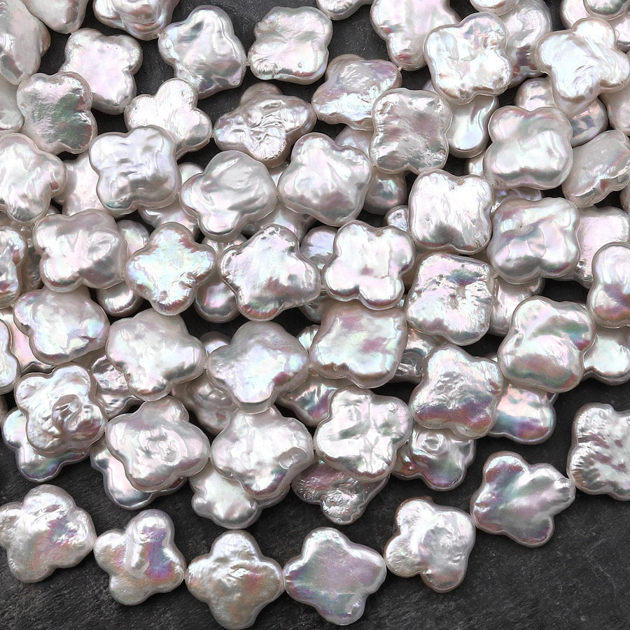 Real Genuine Natural White Freshwater Pearl Lucky 4 Four Leaf Clover 12mm Beads Strand
