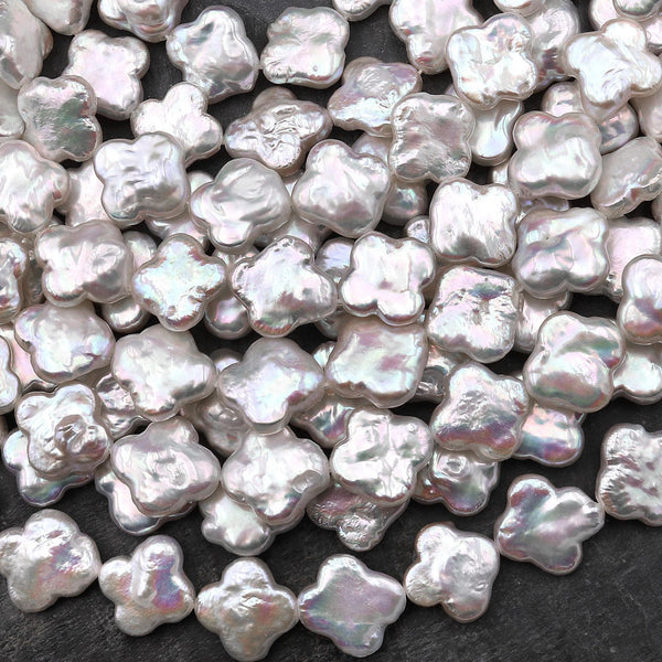Real Genuine Natural White Freshwater Pearl Lucky 4 Four Leaf Clover 12mm Beads Strand
