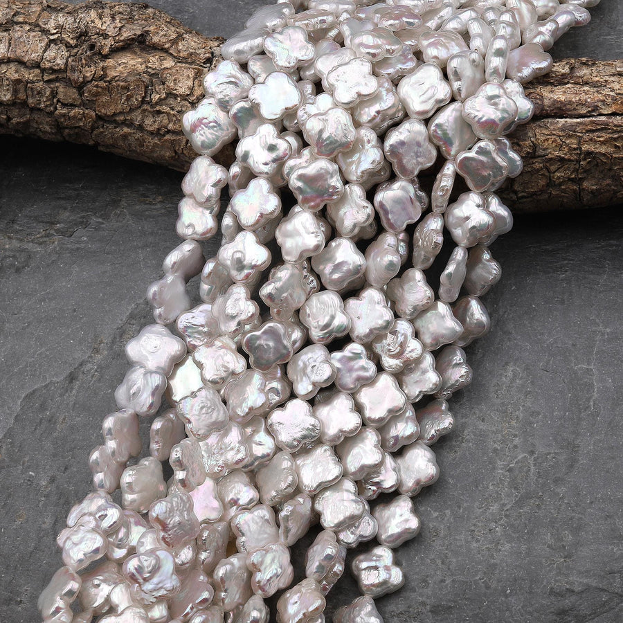 Real Genuine Natural White Freshwater Pearl Lucky 4 Four Leaf Clover 12mm Beads Strand