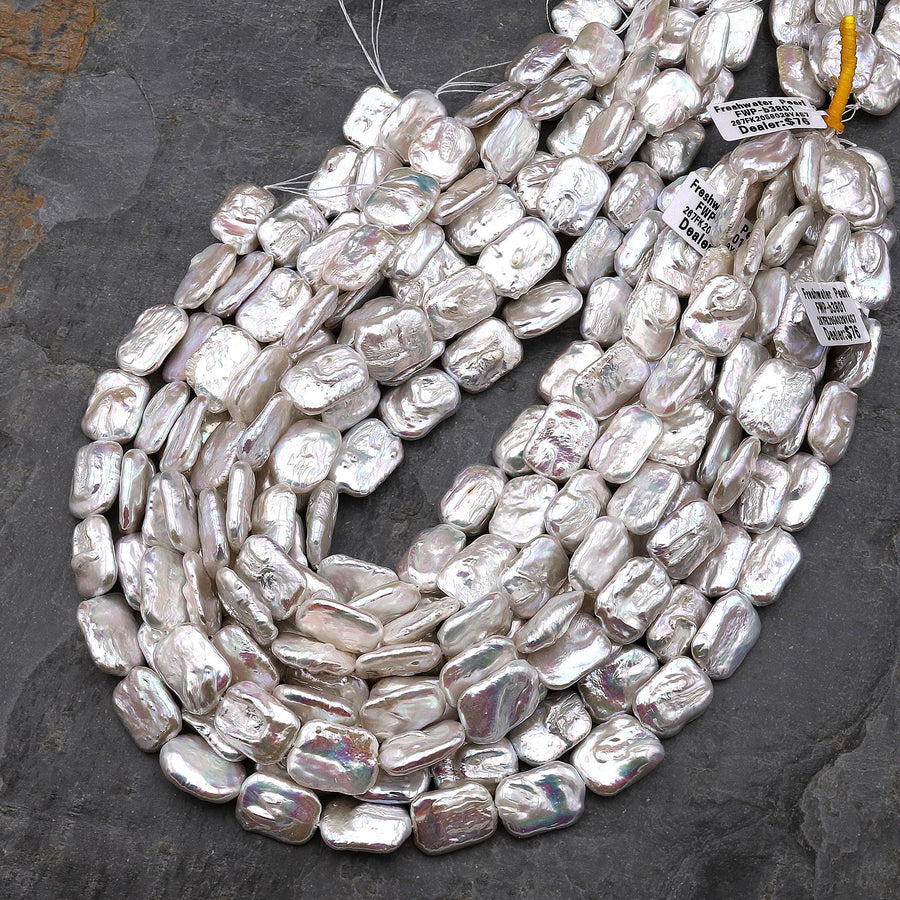 AAA Extra Iridescent Natural White Rectangle Freshwater Pearl Beads 15.5" Strand