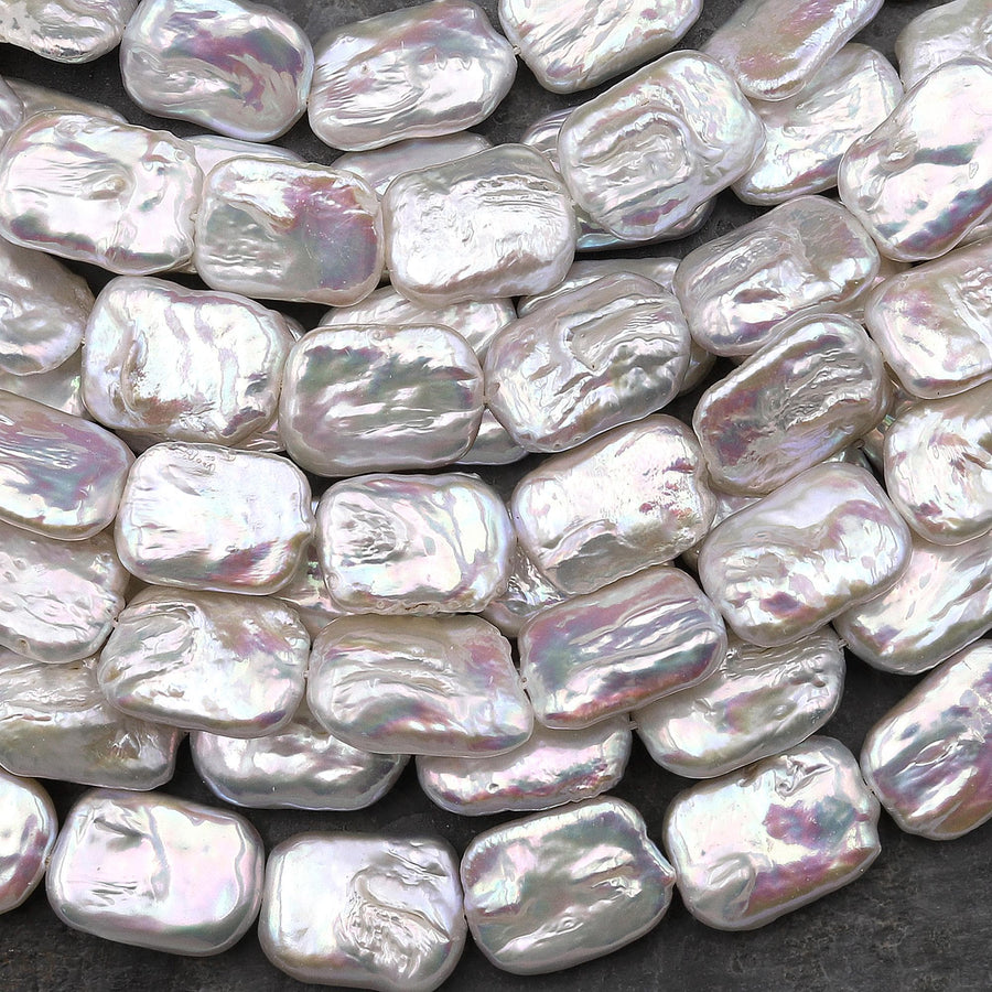 AAA Extra Iridescent Natural White Rectangle Freshwater Pearl Beads 15.5" Strand