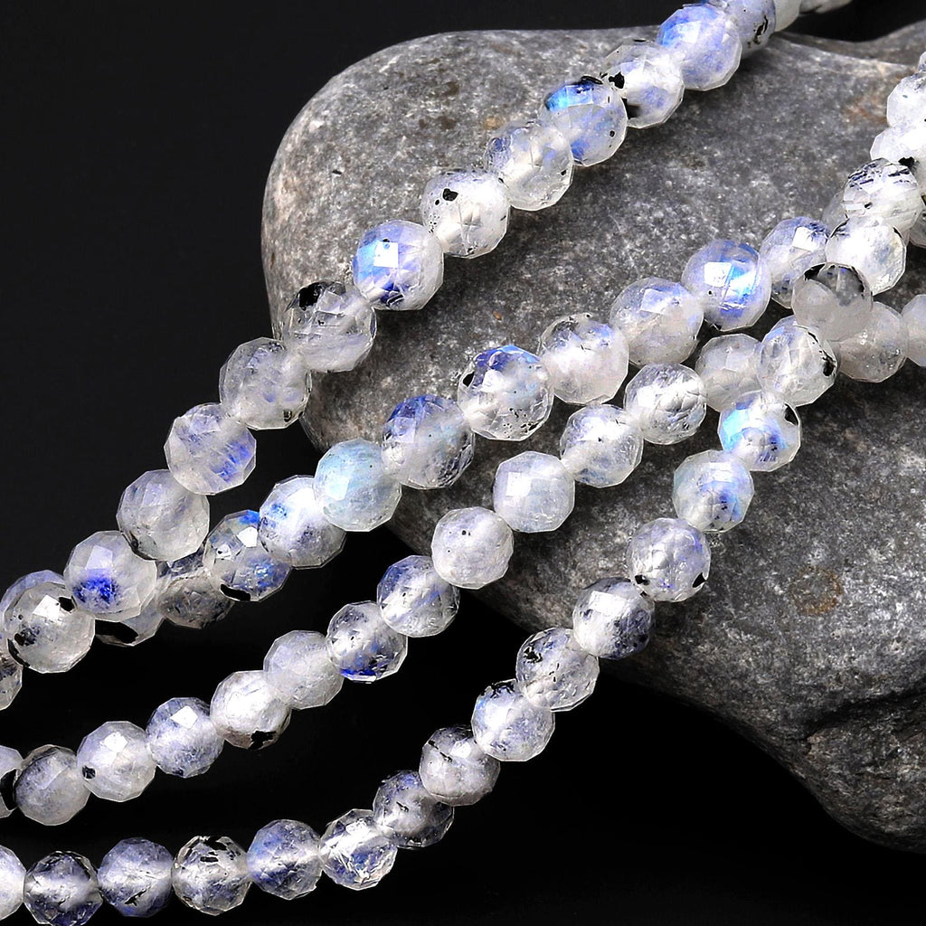 Faceted Translucent Natural Rainbow Moonstone W/ Black Tourmaline Matrix 4mm Round Beads 15.5" Strand