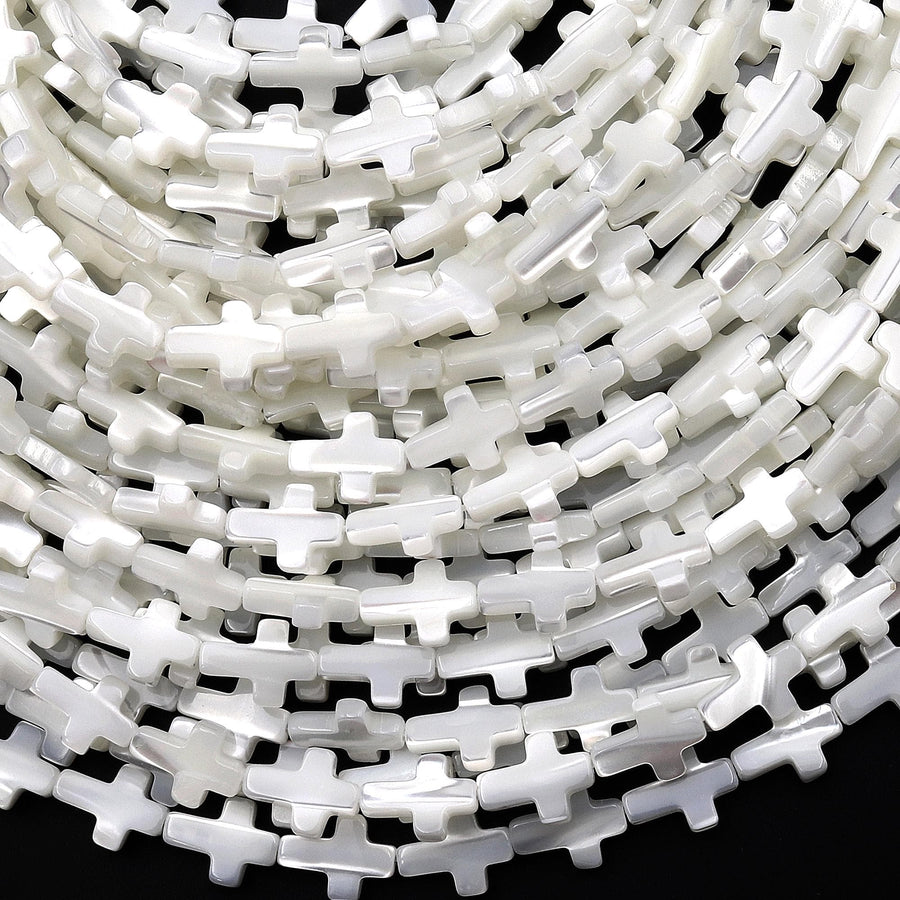 AAA Iridescent Carved Natural White Mother of Pearl Shell Corss Beads Vertically Drilled 15.5" Strand