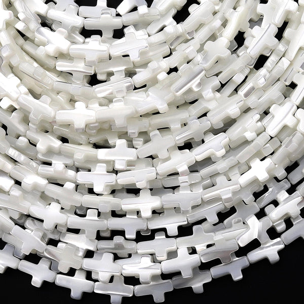 AAA Iridescent Carved Natural White Mother of Pearl Shell Corss Beads Vertically Drilled 15.5" Strand