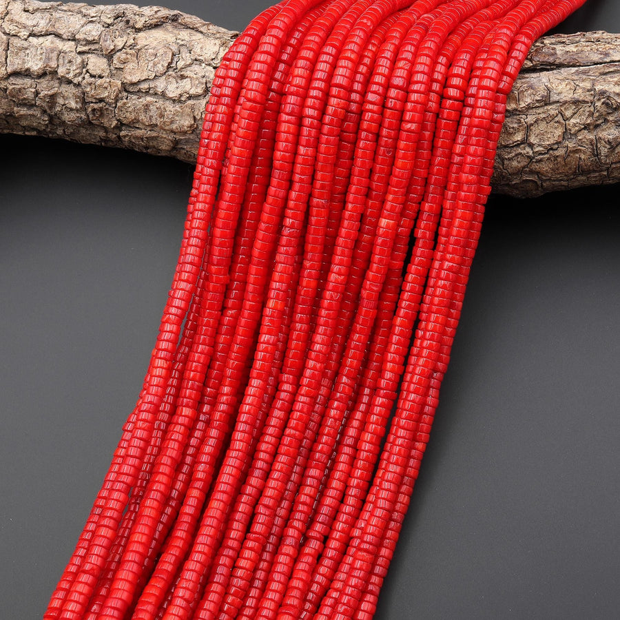 AAA Genuine Red Bamboo Coral Smooth Heishi Rondelle 4mm 15.5" Strand