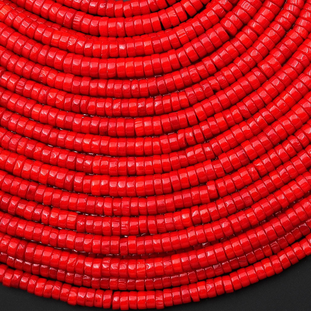 AAA Genuine Red Bamboo Coral Smooth Heishi Rondelle 4mm 15.5" Strand