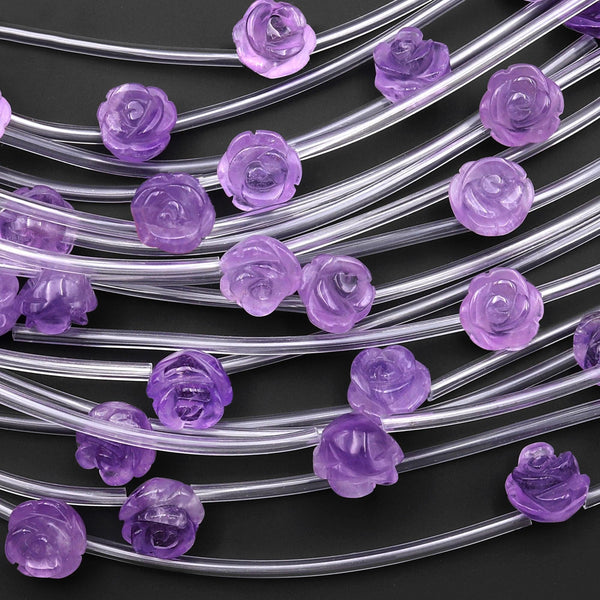 Natural Lilac Purple Amethyst Hand Carved Rose Flower Gemstone Beads 8mm 10mm 12mm Choose from 5pcs, 10pcs