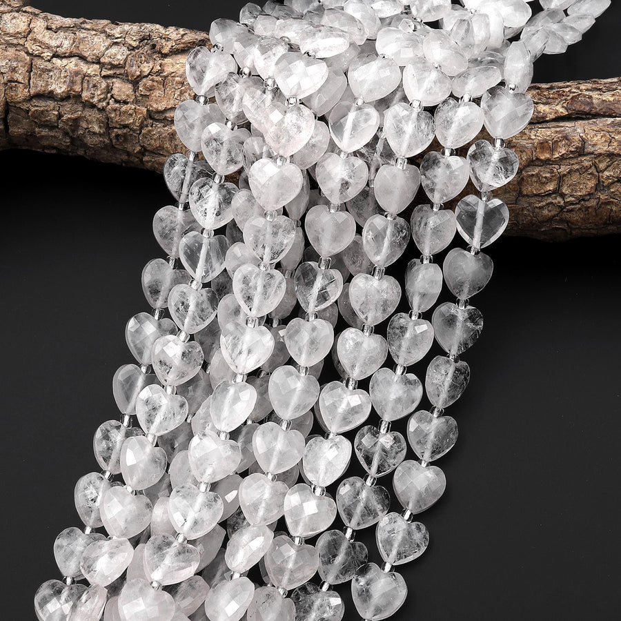 Icy Natural Rock Quartz Crystal Faceted Heart Beads 12mm Gemstone 15.5" Strand