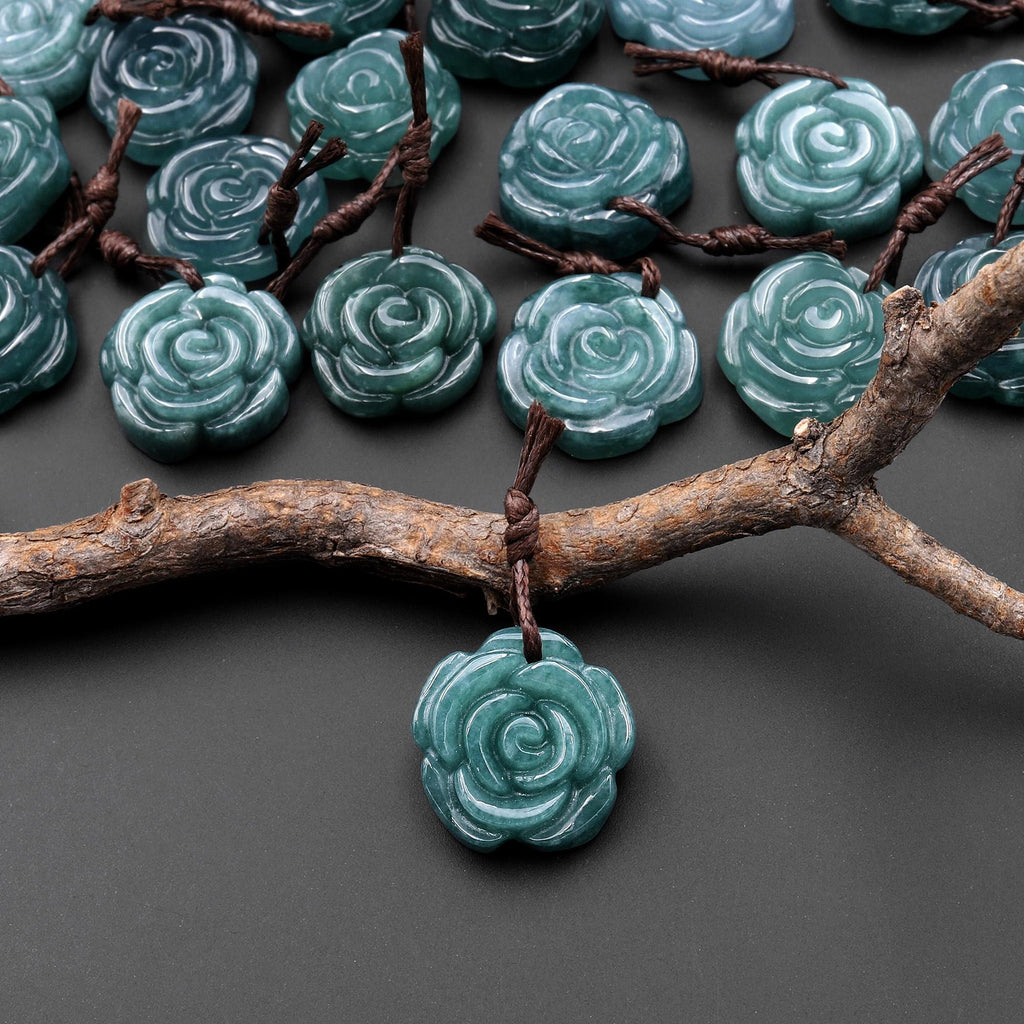 Hand Carved Natural Dark Blue Green Guatemalan Jade Rose Flower Gemstone Pendant
