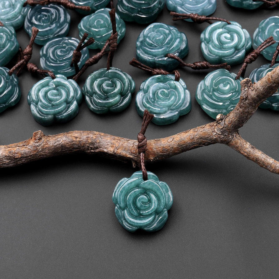 Hand Carved Natural Dark Blue Green Guatemalan Jade Rose Flower Gemstone Pendant
