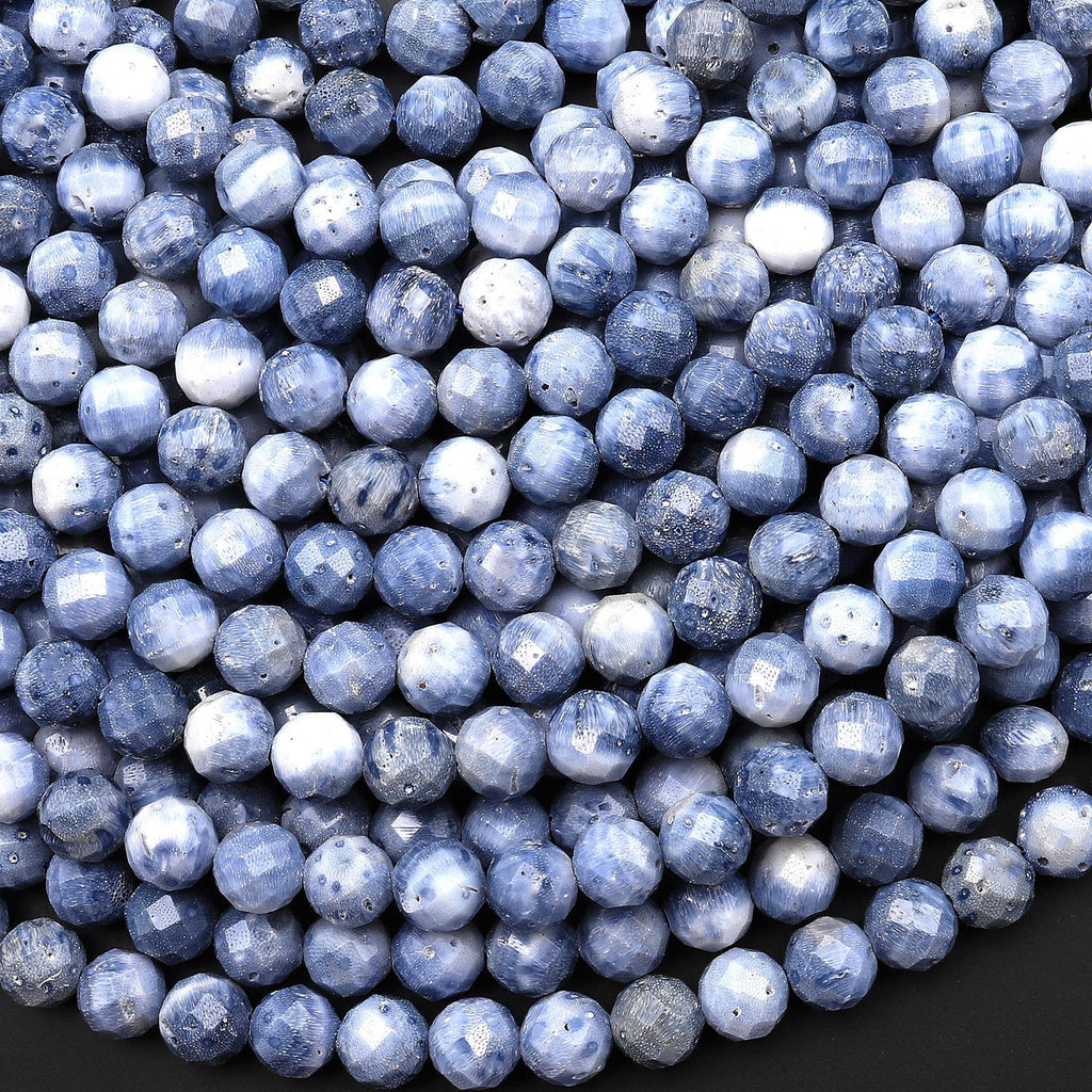 Faceted Genuine Natural Light Denim Blue Sponge Coral 6mm Round Beads 15.5" Strand