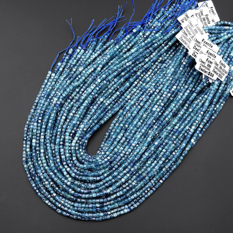 AAA Rare Faceted Natural Bicolor Blue Green Kyanite 2mm 3mm Cube Square Gemstone Beads 15.5" Strand