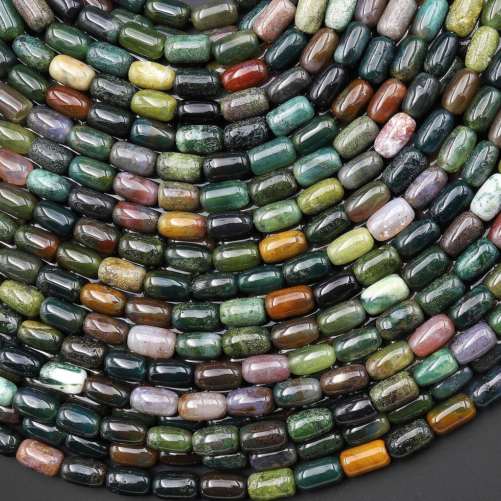Natural Indian Agate 7x4mm Rice Barrel Tube Beads Aka Green Red Bloodstone 15" Strand