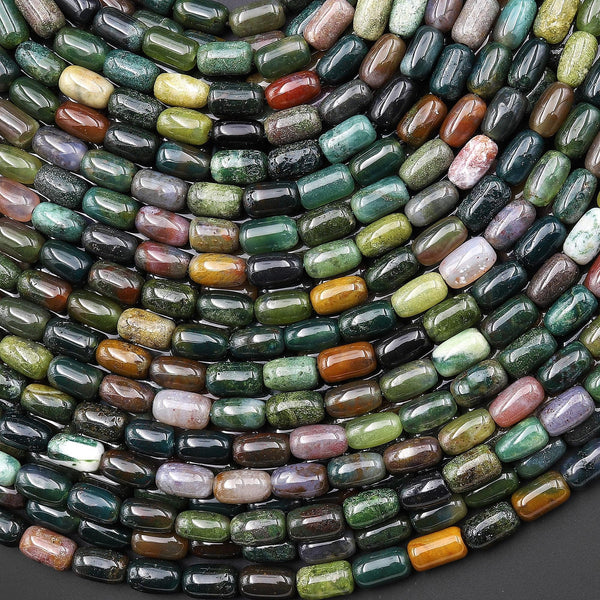 Natural Indian Agate 7x4mm Rice Barrel Tube Beads Aka Green Red Bloodstone 15" Strand