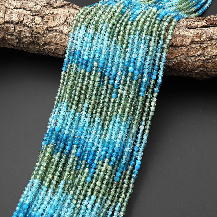 AAA Natural Teal Blue Green Apatite 3mm Faceted Round Beads Ombre Gemstone 15.5" Strand