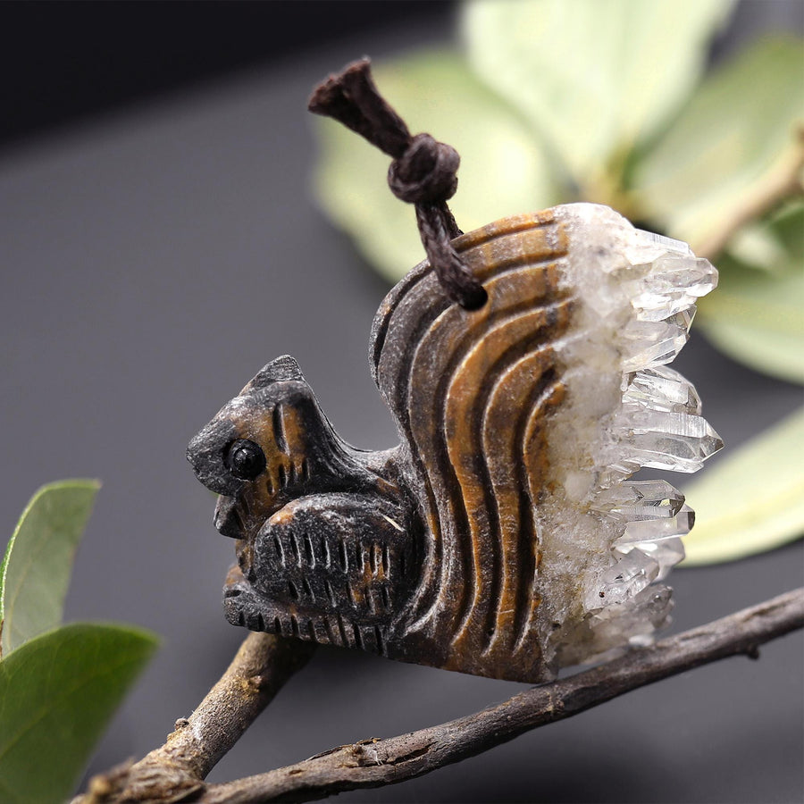 Hand Carved Natural Rock Quartz Druzy Crystal Cluster Squirrel Pendant Drilled Gemstone