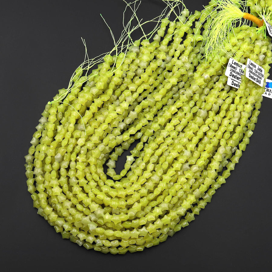 Natural Lemon Jade Beads 8mm Carved Star Gemstone 15.5" Strand
