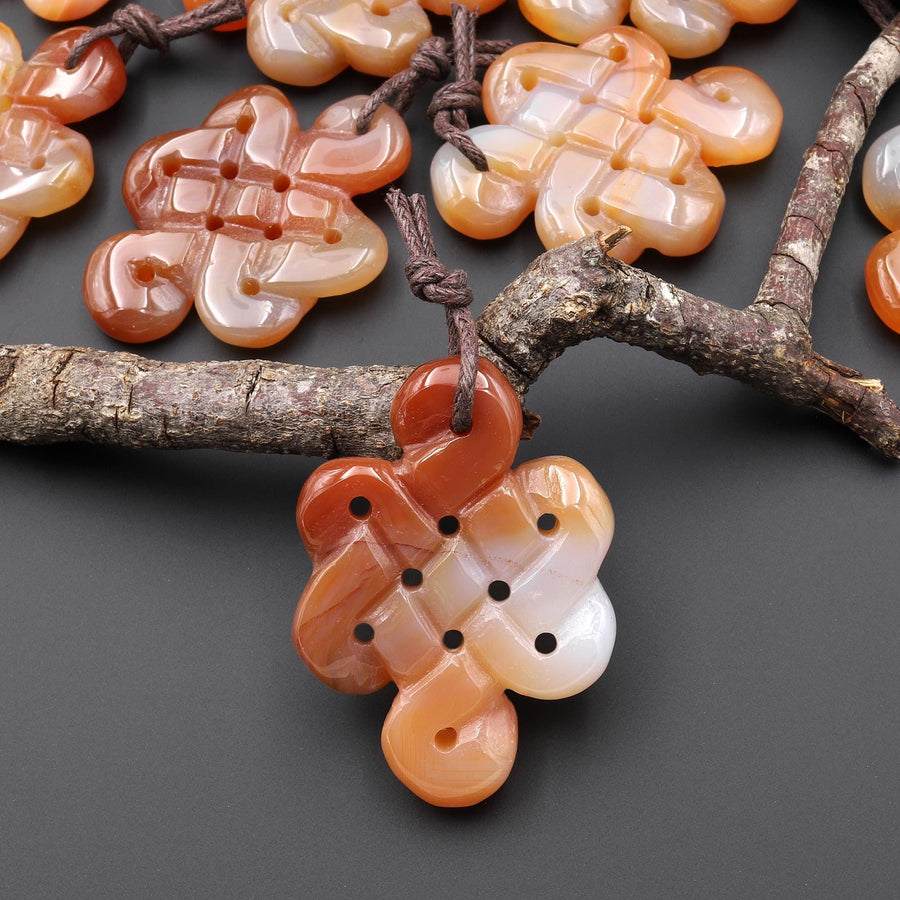 Hand Carved Natural Carnelian Infinity Eternal Endless Knot Gemstone Pendant
