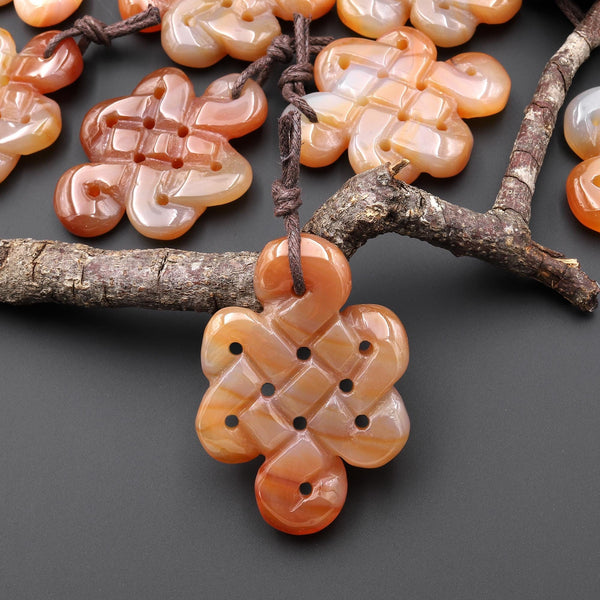 Hand Carved Natural Carnelian Infinity Eternal Endless Knot Gemstone Pendant