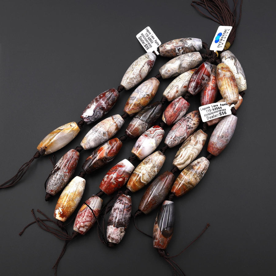 Large Natural Laguna Lace Agate 40mm Long Barrel Cylinder Beads 7.5" Strand