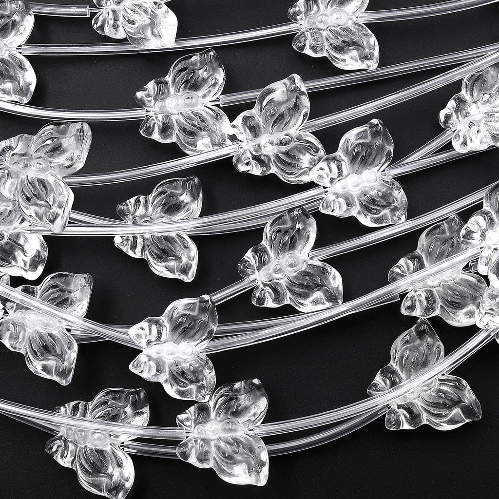Natural Clear Rock Quartz Crystal Hand Carved Butterfly Gemstone 3D Beads Strand
