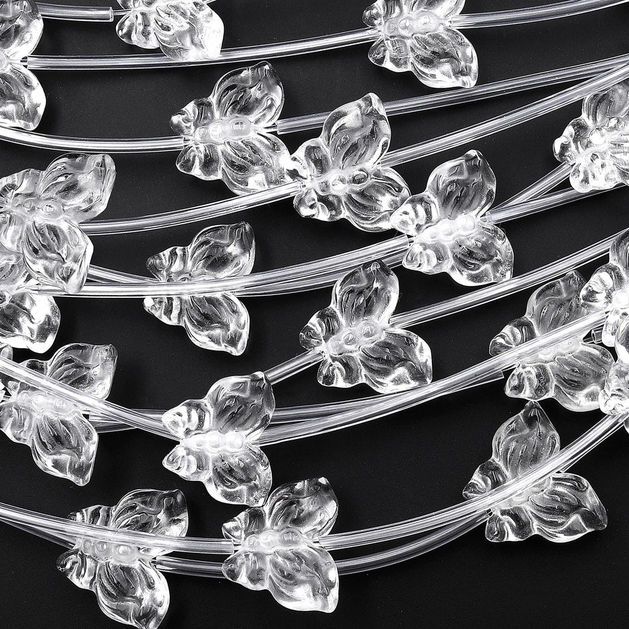Natural Clear Rock Quartz Crystal Hand Carved Butterfly Gemstone 3D Beads Strand